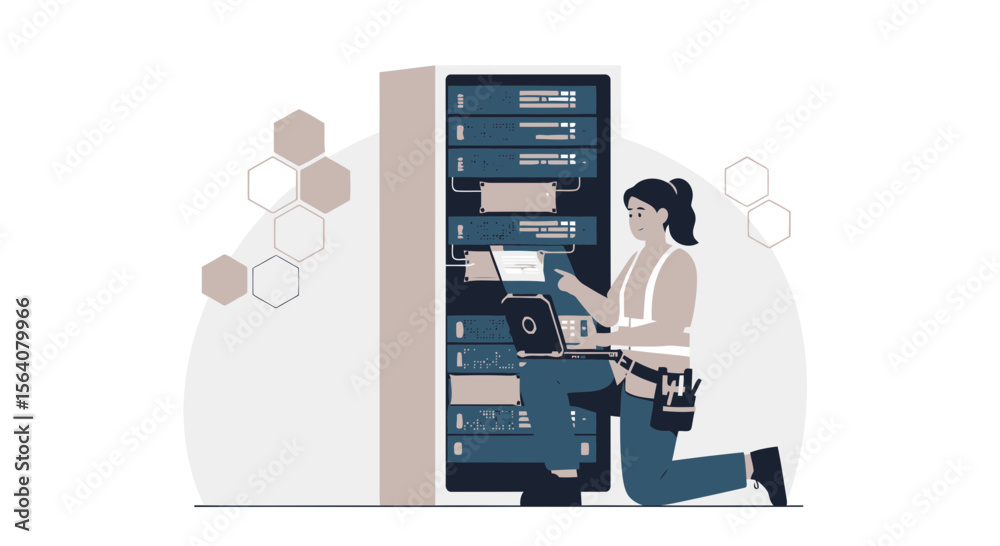Poster data center technician configuring server hardware system for cybersecurity