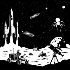 A black and white illustration depicts astronauts exploring the moon with rockets, rovers, and telescopes under a starry sky © Shamim