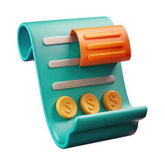 3d cartoon receipt with coins and orange clip isolated on transparent background