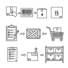 A diagram illustrating the logistics and shipping delivery process with boxes, barcodes, and checklists isolated on white background