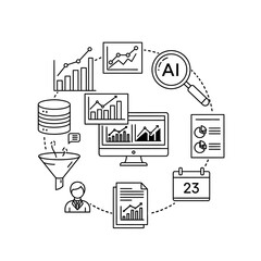 A circular diagram of data analysis with charts, graphs, and artificial intelligence elements isolated on white background