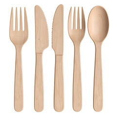 Set of wooden cutlery including forks knives and spoon isolated on transparent background