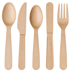 Set of wooden cutlery including spoons knife and fork isolated on transparent background