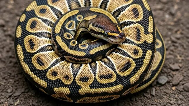 Beautiful Royal Python Snake curled on the ground, Reptile with black and gold pattern. Ball python closeup.