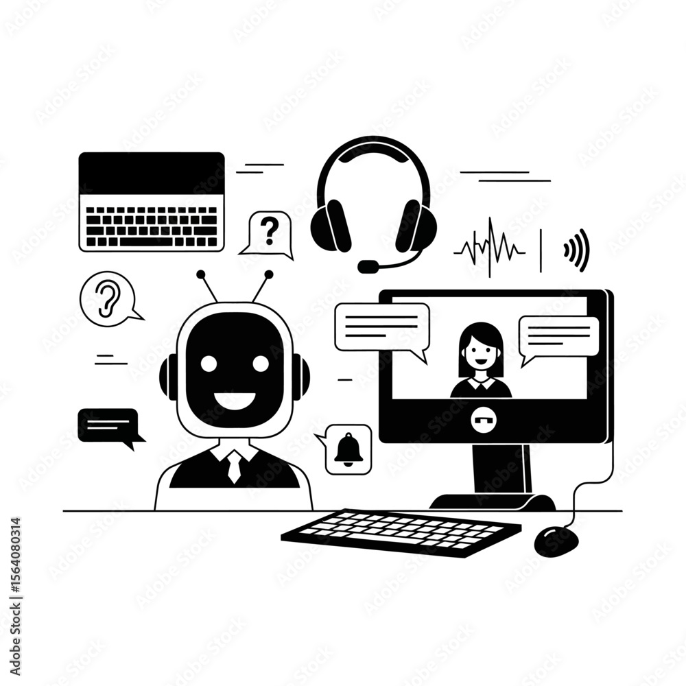 Fototapete An ai assistant with a headset assists a woman on a computer monitor in a virtual customer service setting