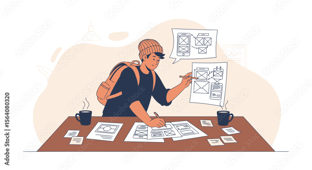 Poster designer brainstorming mobile application user interface concepts at desk