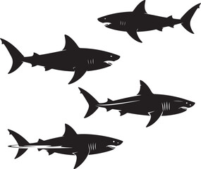 Fototapeta premium Four black shark silhouettes swimming in different directions on a white background