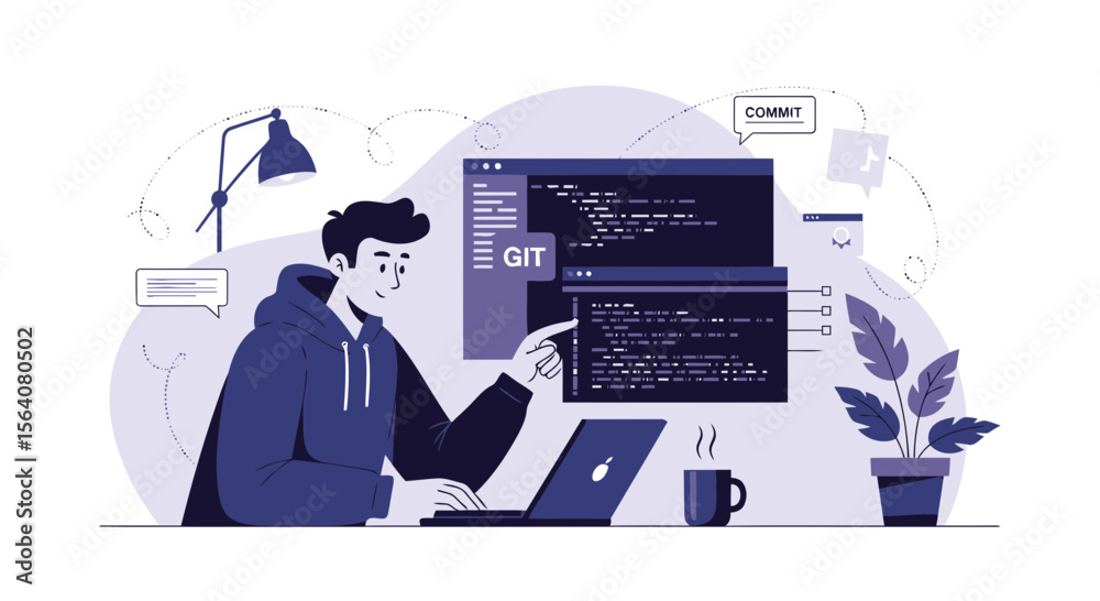 Poster developer working with git version control system on laptop in home office