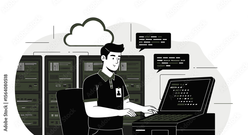 Poster devops engineer working with data servers and cloud systems platform