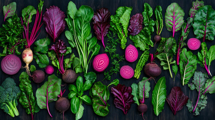 An abundant flat lay of fresh, colorful root vegetables and vibrant leafy greens, symbolizing healthy eating and a wholesome harvest, perfect for culinary promotion.
