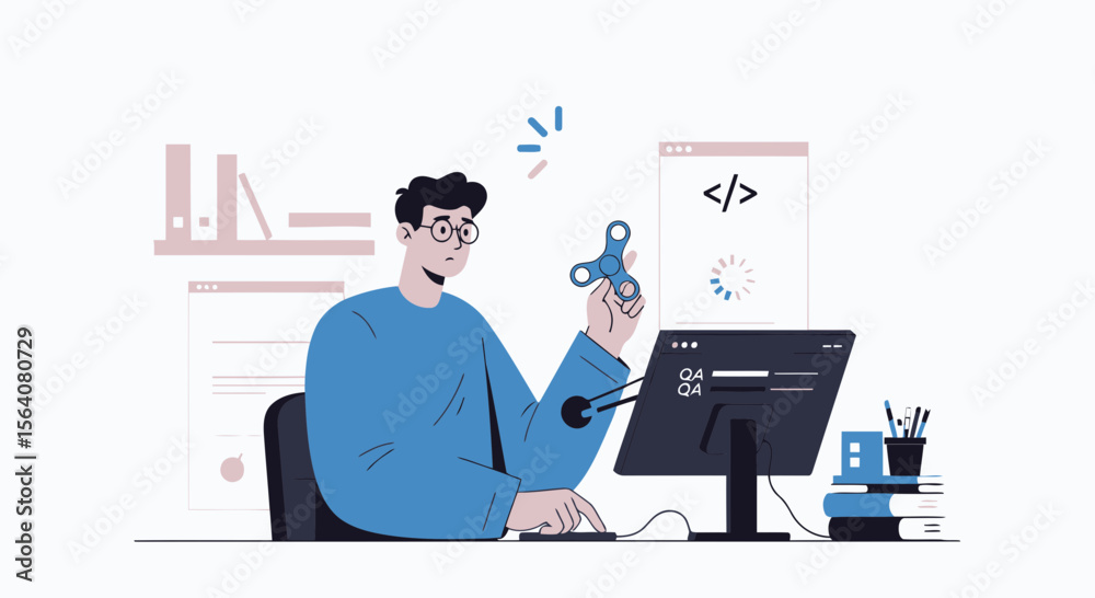 Poster distracted developer spinning fidget toy while testing new software program