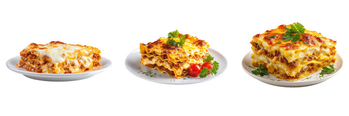 Set of Delicious lasagna slice on a plate with melted cheese isolated on a transparent background