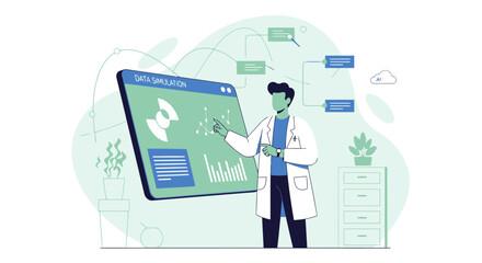 Doctor Analyzing Data Simulation On Screen And Connecting Network Of Information