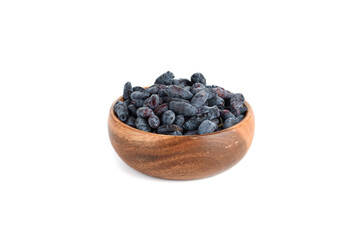 Ripe honeysuckle berries in a bowl on a white background.