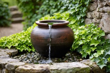 Water pouring from a clay pot in a lush garden