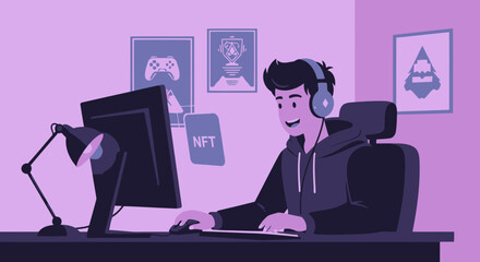 Enthusiastic Young Man Engaged in Cryptocurrency Trading And Playing Video Games From Home