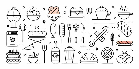Set of different picnic icons. Flat line icons isolated on white background. Vector illustration.