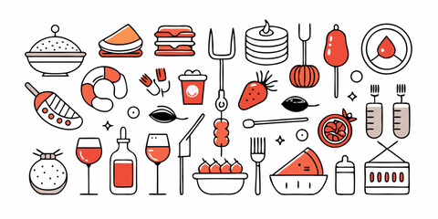 Set of different picnic icons. Flat line icons isolated on white background. Vector illustration.