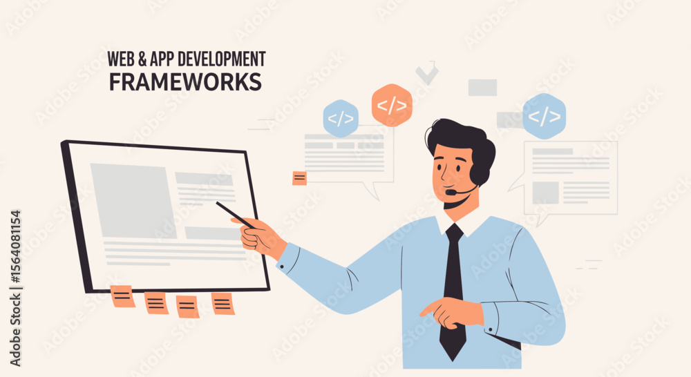 Poster explaining web application development frameworks illustration for project management