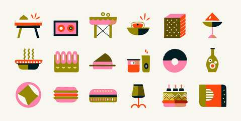 Set of different picnic images. Flat colorful isolated icons. Vector illustration.