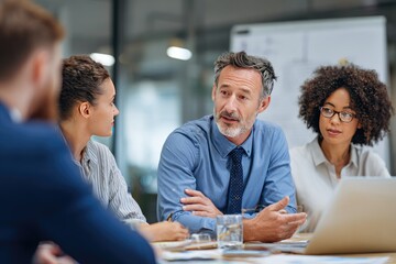 A businessman leads a small team meeting, engaging in discussion and collaboration around a table with a laptop and documents