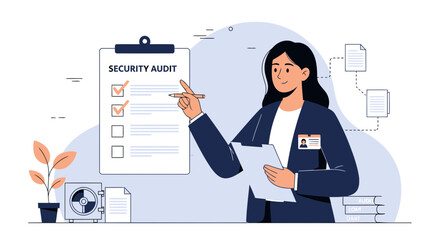 Female Auditor Inspecting Security Compliance Checklist With A Satisfied Expression