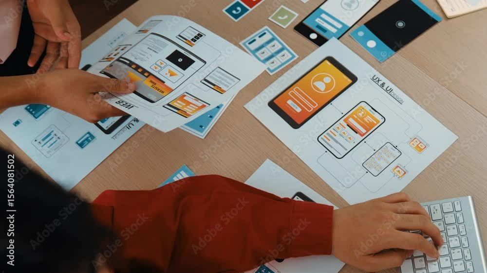 Poster top view panorama video of startup company employee planning on user interface prototype for mobile 