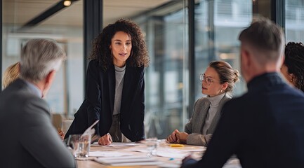 A woman leads a business meeting, addressing a diverse group of colleagues seated around a conference table strewn with papers and drinks