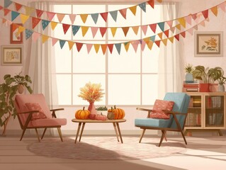 Fototapeta premium Festive bunting and pennant flags with fall colors strung across a cozy room, minimalist decor