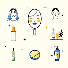 Set of different morning skincare routine watercolor icons. Flat images on white background. Vector illustration.