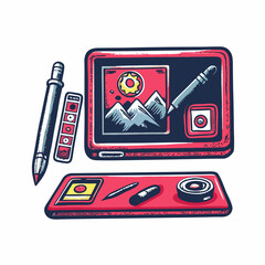 Hand drawn tablet and stylus image on white background. Vintage style. Vector illustration.