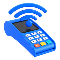 Blue wireless credit card payment terminal with wi fi signal isolated on transparent background