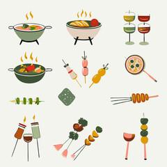 Set of different street food watercolor icons. Flat images on white background. Vector illustration.