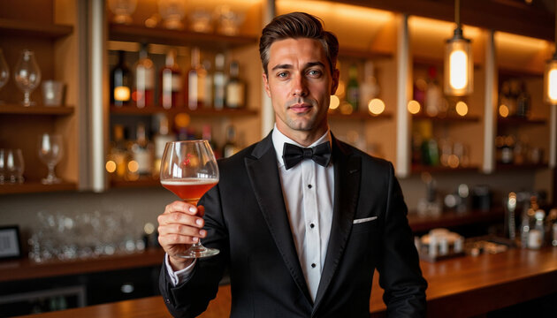 Sophisticated man toasting with cocktail glass at upscale bar, elegance