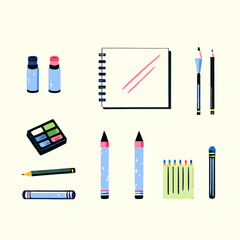 Set of different sketching tools watercolor icons. Flat images on white background. Vector illustration.