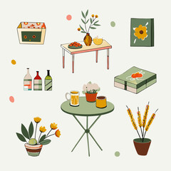 Set of different picnic watercolor icons. Flat images on white background. Vector illustration.