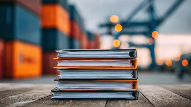 Logistics paperwork: Stacked documents represent transport operations, management, and port administration. Global trade reliance on documentation.