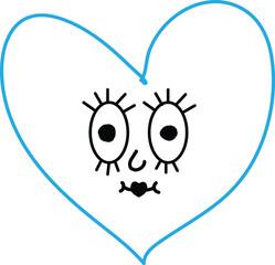 Cute hand drawn blue heart with a happy face and closed eyes