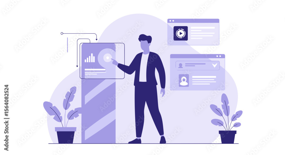 Poster man interacting with digital interface displaying data and social media details