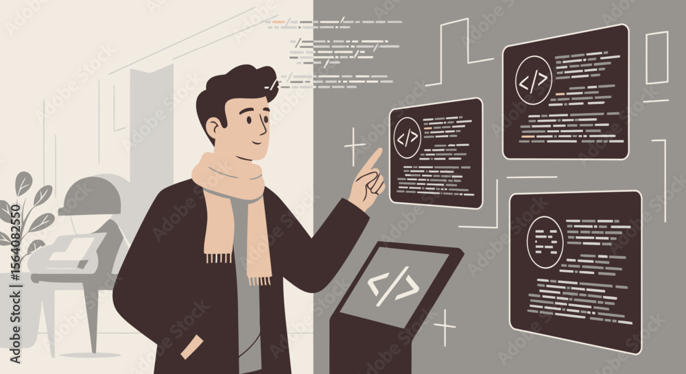 Poster man interacting with code display modern digital interface platform development