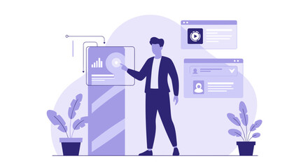 Man Interacting With Digital Interface Displaying Data And Social Media Details