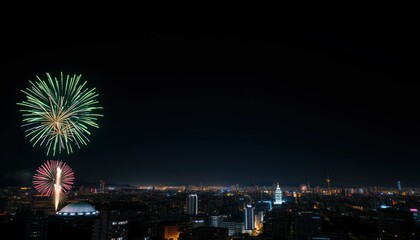 Celebratory fireworks illuminate the city skyline during a festive night