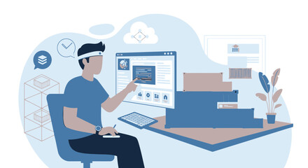 Man Working On Computer At Desk Conceptual Illustration In Flat Style