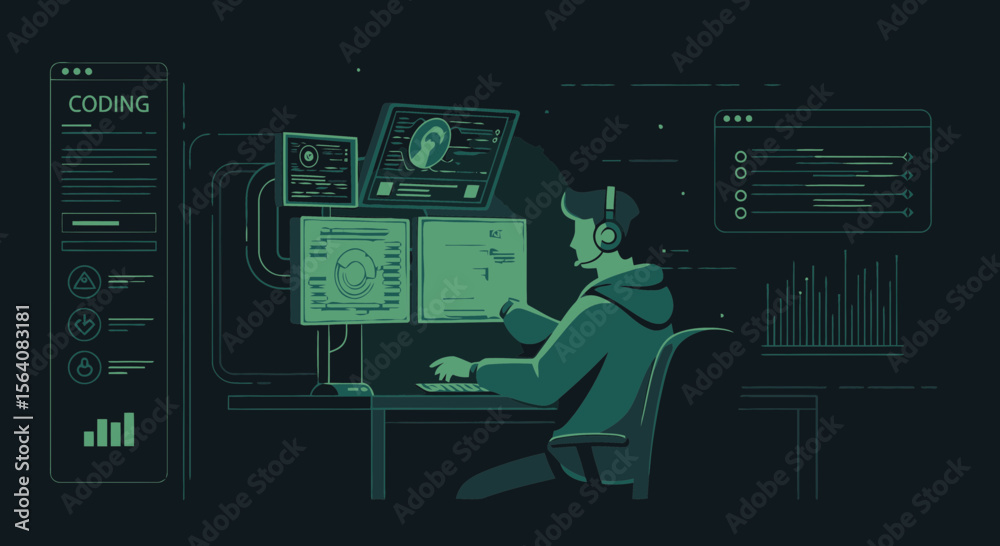 Wall mural modern developer working remotely with multiple screens flat vector illustration