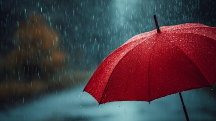 Close-up of a red umbrella open under heavy rain outdoors