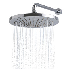 Modern chrome rainfall shower head with water droplets falling isolated on transparent background
