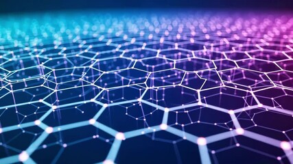 Abstract technology network with hexagon grid, connection lines, digital data, blue and purple gradient background, for science and technology concepts. - Powered by Adobe