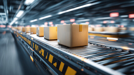 Packages on conveyor belt: A streamlined logistics process with efficient handling, automated sorting, and speedy delivery in a modern distribution center.
