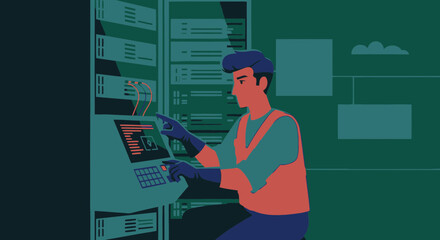 Network Technician Performing Maintenance On A Server In Data Center Facility