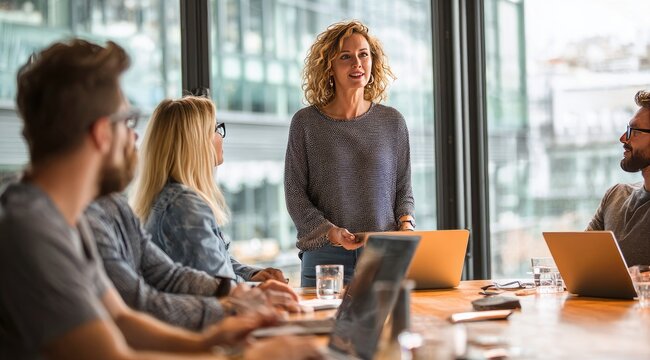 A woman leads a team meeting, presenting information to colleagues seated around a large table with laptops and glasses of water.  Natural light streams in from a large window behind her